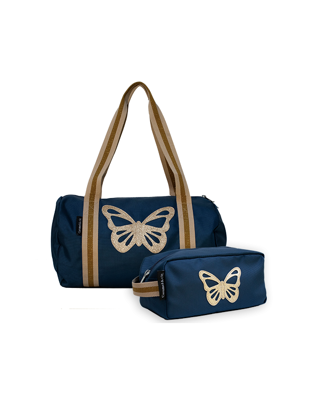 Pack Sac Polochon + Trousse de toilette Papillon bleu
