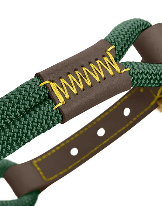 Collier pour chien - Corde verte et cuir marron foncé - 40cm Caramel & cie