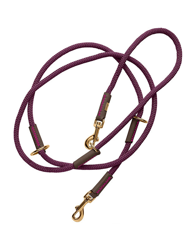 laisse chien réglable corde violette avec cuir et mousquetons dorés