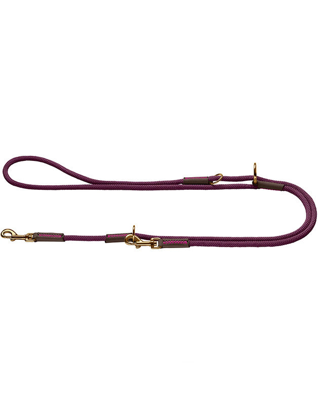 détail laisse corde et cuir violet pour chien mousqueton doré