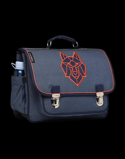 Cartable Moyen Loup bleu (avec biais orange)