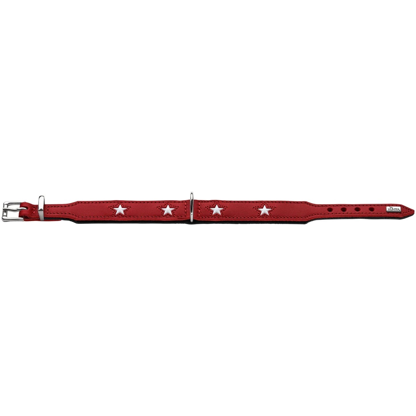 Collier cuir rouge pour chien avec étoiles blanches – vue plate