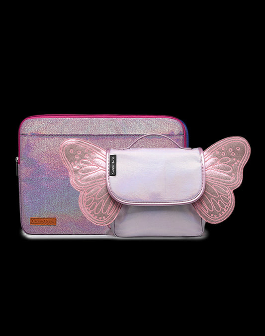 Set Housse d'ordinateur irisée Violet + Sac papillon Irisé Rose