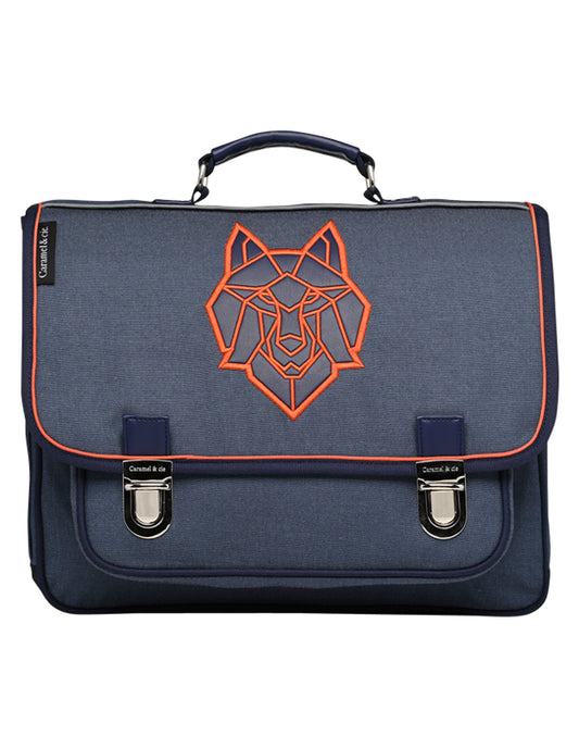 Cartable Moyen Loup bleu (avec biais orange) Caramel & cie