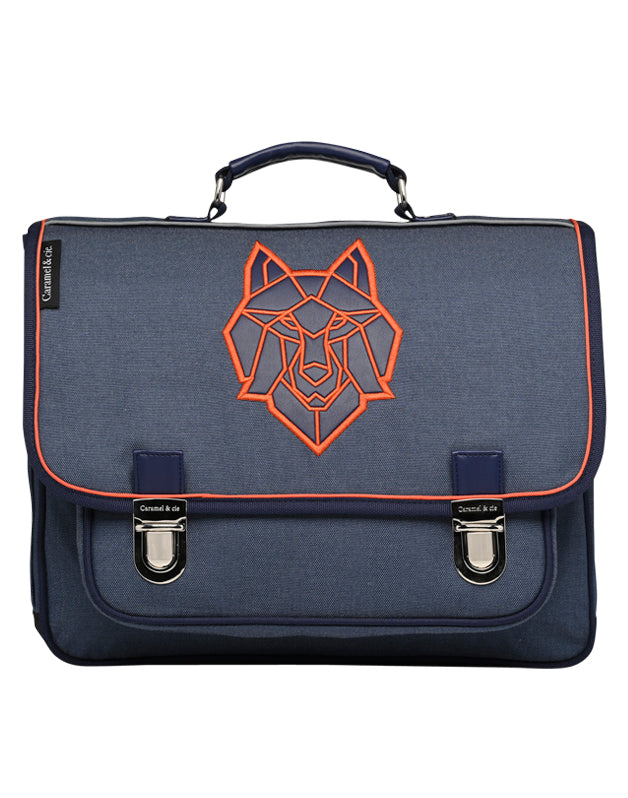 Cartable Moyen Loup bleu (avec biais orange) Caramel & cie
