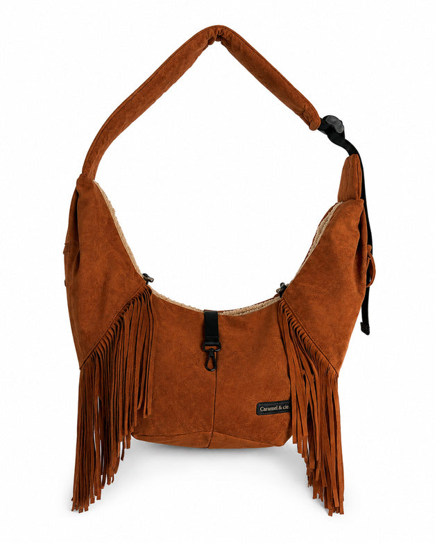 Sac de transport Cross Body camel à longues franges – vue de face