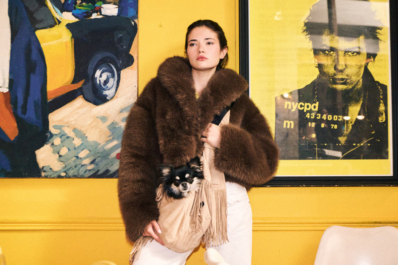 Femme portant un chihuahua dans le sac Cross Body à franges blanc cassé