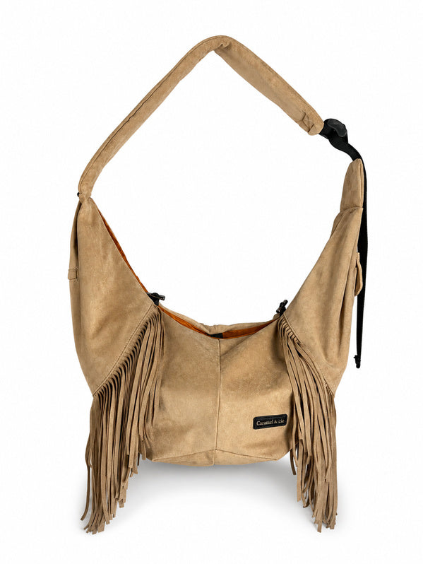 Sac de transport Cross Body blanc cassé à longues franges – vue de fac