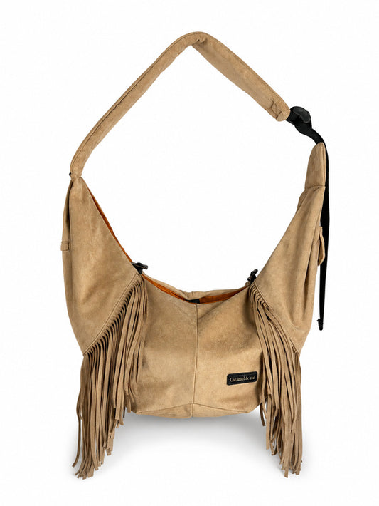 Sac de transport Cross Body blanc cassé à longues franges – vue de fac