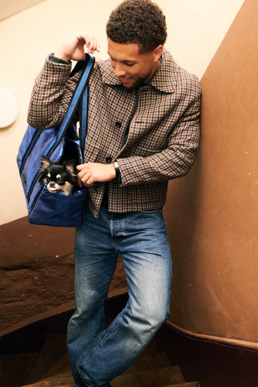 Chihuahua installé dans le Pet Home Bag bleu métallisé porté à l’épaule