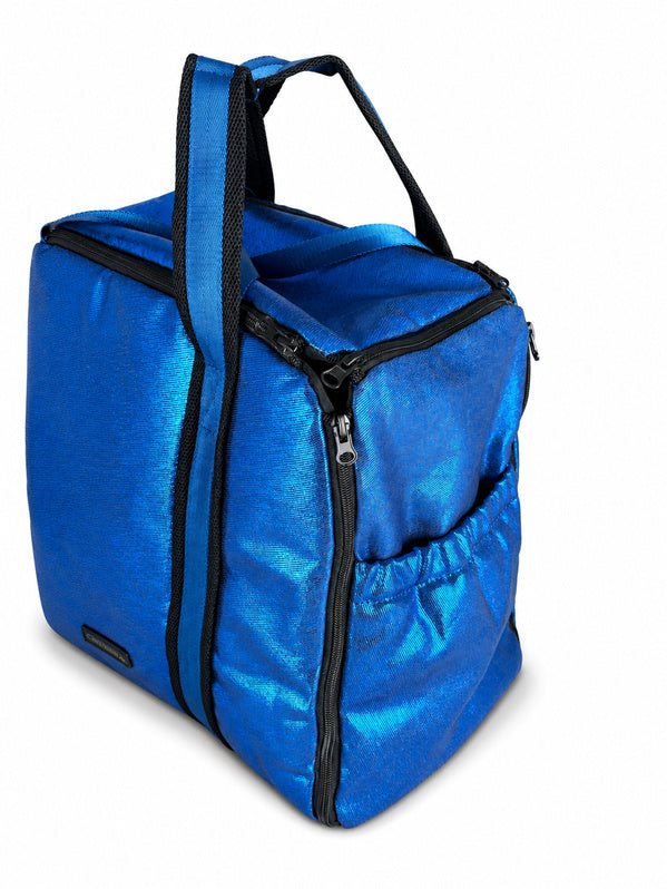 Fermeture zippée et poche latérale du sac de transport bleu métallisé